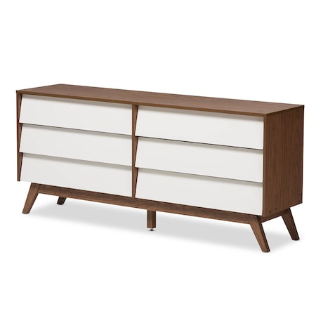 Baxton Studio Hildon Mid-Century White and Walnut Wood 6-Drawer Storage Dresser 136-7490